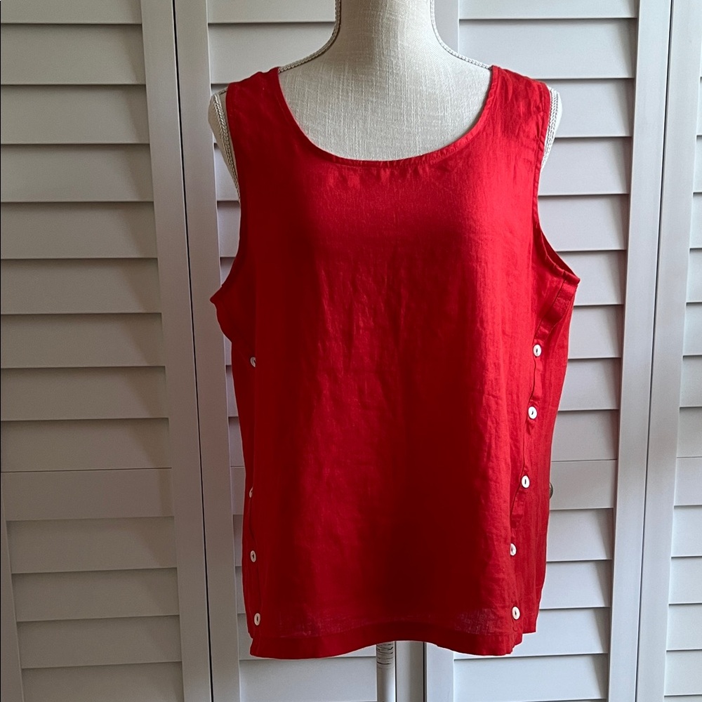 Red Sleeveless Button-Side Linen Blend Top